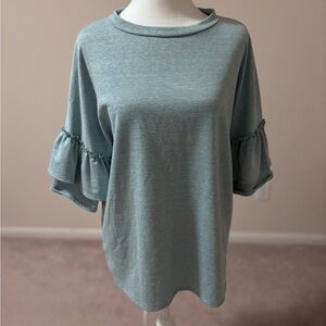 First Love Green and Blue Bell Sleeve Blouse